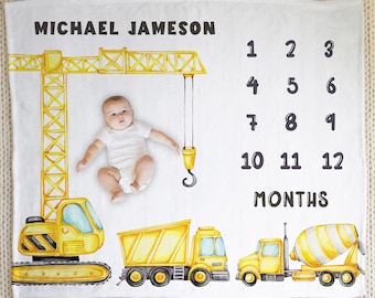 Personalized Construction Milestone Blanket: Baby Photo Prop, Minky or Sherpa