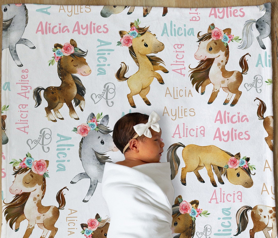 Personalized Horse Baby Blanket, Horse Baby Girl Blanket, Horse Baby