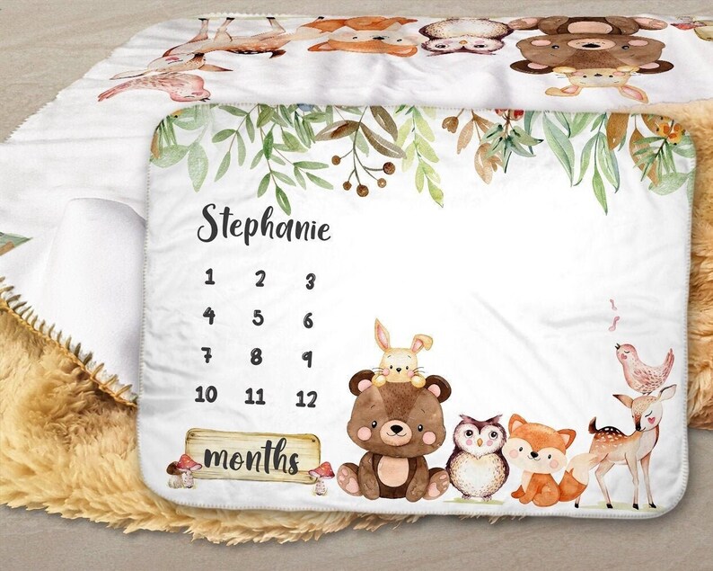 Woodland Animals Milestone Blanket Monthly Baby Blanket - Etsy