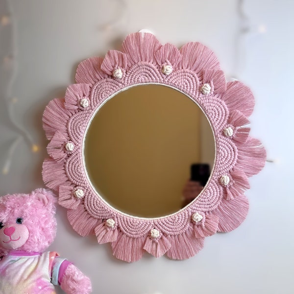 Nursery Wall Decor - Blush Pink Floral Macrame Mirror - Boho Round Mirror - Soft Bedroom Decoration - Unique Newborn Gift - Kids Baby Girl