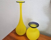 2 Vintage Yellow Vases with Blue Rims