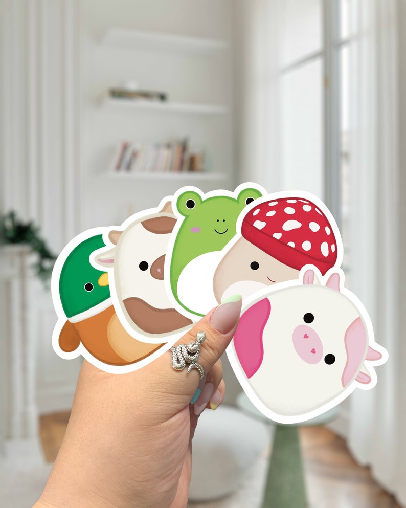Squishmallow Favorites Vinyl Stickers | Avery the Duck, Malcolm the Mushroom, Ronnie the Cow, Caedyn the Pink Cow, Wendy the Frog 