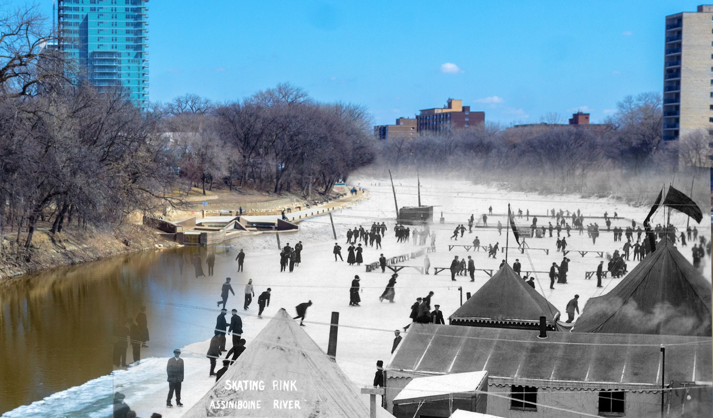 People Skating On The Assiniboine River Winnipeg 1908 Now