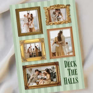 Puede incluir: Una tarjeta navideña con un fondo a rayas verde claro que presenta cinco fotos familiares enmarcadas. Las palabras "Deck the Halls" están impresas en verde en el lado derecho de la tarjeta.