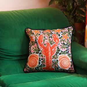 Lobster Print Cushion, boho cushion, velvet cushion, home decor, funky cushion, statement cushion, new home, housewarming gift