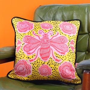 Bee Cushion - Yellow, boho cushion, velvet cushion, funky cushion, statement cushion, new home, housewarming gift, Manchester bee,