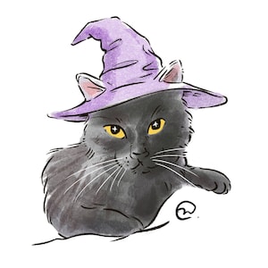 May include: A digital illustration of a black cat wearing a pointed purple hat. The cat has bright yellow eyes with star-shaped highlights, long white whiskers, and a soft, dark grey coat. A small circular artist signature is visible in the corner.