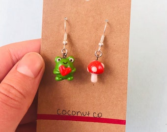 Handmade Polymer Clay Frog and Mushroom Earrings