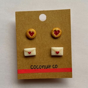 Handmade Polymer Clay Heart Jam Cookies and Envelope Earrings