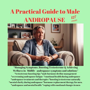 Puede incluir: Una guía práctica sobre la andropausia masculina con 127 páginas. La portada presenta a un hombre sentado en un sofá, con aspecto pensativo. El texto "Managing Symptoms, Boosting Testosterone & Achieving Wellness in Midlife" está resaltado.