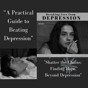 Könnte beinhalten: Ein Schwarzweißbild eines Buchcovers mit dem Titel "Breaking Free from DEPRESSION" und dem Untertitel "A Step by Step Guide to Reclaiming Your Life and Embracing a New Beginning". Das Cover zeigt auch den Text "Shatter the Chains: Finding Hope Beyond Depression".