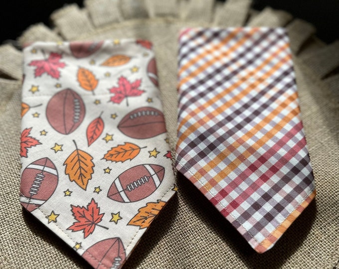 Featured listing image: Football Dog Bandana/Reversible Dog Bandana/Football and Plaid/Fall Bandana/Pet/Cat/Bandana/Plaid Scrunchie
