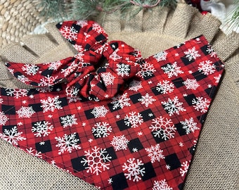 Christmas Pet Bandana/Red Plaid with Snowflakes Bandana with Matching Hair Scrunchie/Over the Collar or Tie ON bandana/Winter Bandana