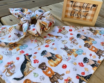 Fall Dog Bandana/Fall Dogs on this Fun Dog Bandana with Matching Hair Scrunchie/Cute dogs on this Bandana set