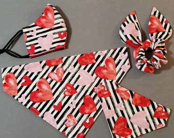 Valentine's Day Dog Bandana//Hearts w/ Stripes Bandana with Matching Face Mask and Hair Scrunchie/Tie on or collar bandana/Matching Sets