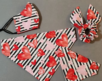 Valentine's Day Dog Bandana//Hearts w/ Stripes Bandana with Matching Face Mask and Hair Scrunchie/Tie on or collar bandana/Matching Sets