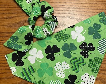 Shamrock Dog Bandana, Matching Hair Scrunchie /St. Patrick's Day Bandana Set/Pet Bandana/Over Collar or Tie On Bandana