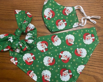 Christmas Santa Dog Bandana/Pet Bandana/Bandana Set with Matching Face Mask and Hair Scrunchie/Over the Collar or Tie On Bandana/Cat Bandana