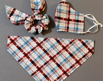 Plaid Christmas Dog Bandana/ Pretty Plaid Pet bandana with matching face mask and hair scrunchie/ Over the Collar or Tie On Bandana