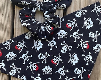 Pirates Dog Bandana/Pet Bandana/Halloween Bandana/Bandana Set with Matching Face Mask and Hair Scrunchie for Owner/Tie On/Over Collar/