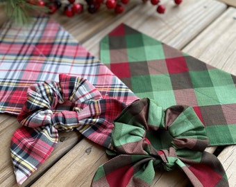 Christmas Plaids/Over the Collar or Tie On Bandanas/Matching Hair Scrunchies/Dog Bandana/Cat Bandana/Plaid Bandanas