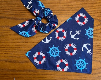 Ships Ahoy Dog Bandana with Matching Face Mask and Hair Scrunchie/Over collar bandana/Tie on bandana/Summer Bandana set/Matching Sets