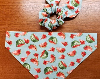 Watermelon Dog Bandana with Matching Owner Face Mask and Hair Scrunchie/Tie on or Over Collar Bandana/Summer Bandana Sets/Pet Bandana/Gift
