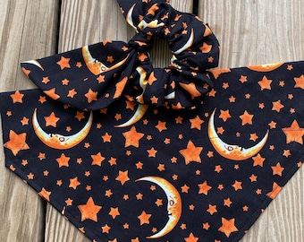 Moon and Stars Dog Bandana/Pet Bandana with Matching Face Mask and Hair Scrunchie/over collar bandana/tie on bandana/fall bandana/matching