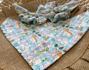 Easter Dog Bandana with matching hair scrunchie/Easter Bunnies on Plaid/over collar or tie on bandana/pet bandana/matching sets/Pet  gift/