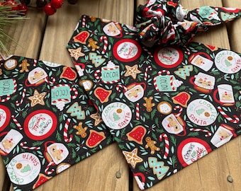 Christmas Bandana Set/Santa cookies and Hot Cocoa Pet Bandana/Over Collar or Tie ON Bandana/ Matching Hair Scrunchie