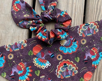 Thanksgiving Dog Bandana/Colorful Turkeys Pet Bandana with Matching Face Mask and Hair Scrunchie/Slip on or Tie On Pet Bandanas