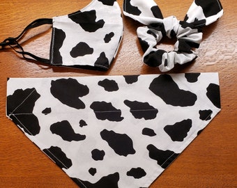 Cow Print Dog Bandana/Pet Bandana/Cat Bandana/Over the Collar /Tie on Bandana/Dairy Cow Print/Pet Owner Gift/Matching Face Mask, Scrunchie