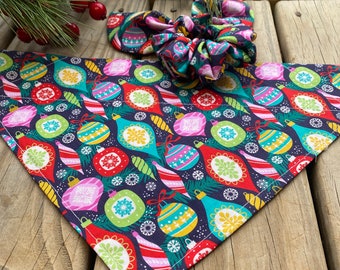 Christmas Dog Bandana/ Vintage Christmas Ornament Dog Bandana with Matching Hair Scrunchie/Over Collar or Tie ON Bandana/Pet Bandana