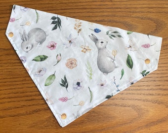 Pretty Bunny Dog Bandana/Bunny and Floral Pet Bandana/Over Collar Bandana/Tie ON Bandana/woodland bunny