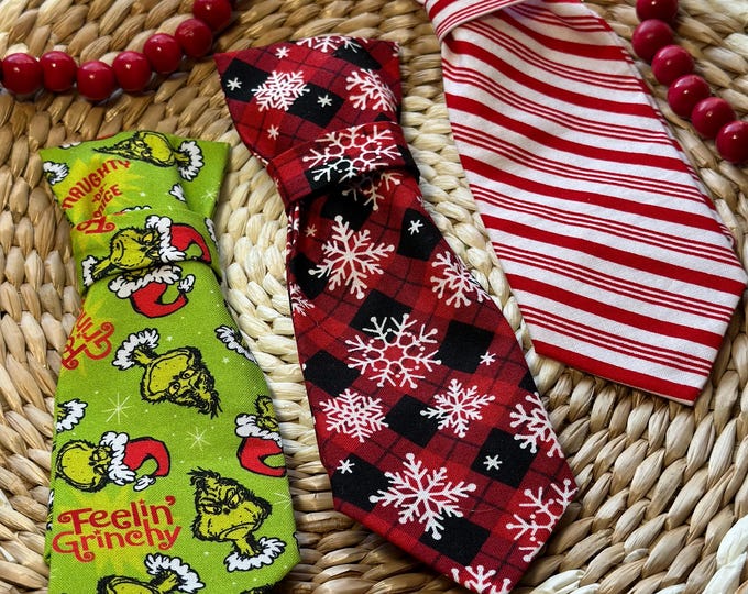 Featured listing image: Christmas Ties for Dogs/Tie for dog/ Candy Stripe, Red & Black Plaid Tie/ Tie goes on pets collar