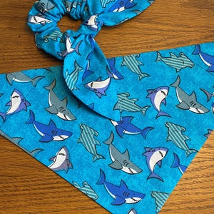 Shark Dog Bandana with Matching Owner Face Mask and Hair Scrunchie/Over Collar or Tie On Bandana/Matching Dog Owner Sets/Baby Shark/Summer