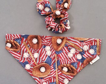 Baseball Dog Bandana/Baseball with American Flag/Over the Collar or Tie ON Bandana/Matching Hair Scrunchie