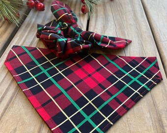 Plaid Dog Bandana/ Christmas Plaid Pet Bandana with Matching Hair Scrunchie and Face Mask /Over the Collar or Tie On.