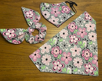 Pink Flowers Dog Bandana with Matching Owner Face Mask and Hair Scrunchie,  Pet Bandana, Matching Sets, Tie On Bandana, Over Collar Bandana