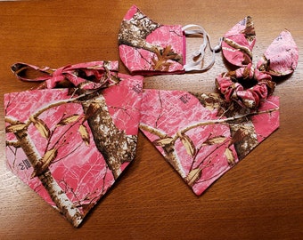 Pink Camo Dog Bandana/Over the Collar Bandana/Tie On Bandana/Cat Bandana/Matching Hair Scrunchie/Matching Face Mask/Match your pet/Dog Gift