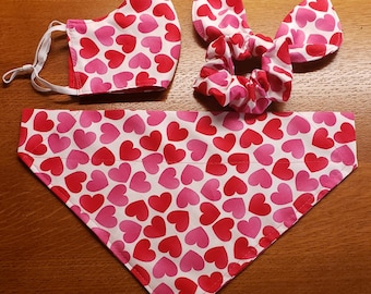 Valentine Dog Bandana/Matching Dog bandana, Hair Scrunchie, Face Mask/Pet Bandana/Tie on Bandana/Over collar/Hearts Bandana