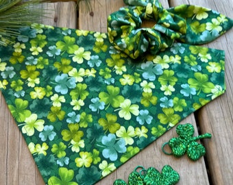 Shamrock Dog Bandana/St Patrick's Day Dog Bandana/Pet or Cat Bandana/Matching Hair Scrunchie/Shamrock Scrunchie/Over Collar or Tie On