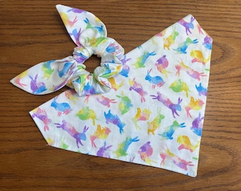 Easter Dog Bandana/Bunnies Pet Bandana/Watercolor Bunnies/Cat Bandana/ over collar bandana/ Tie on Bandana/Hair Scrunchie/Face Mask