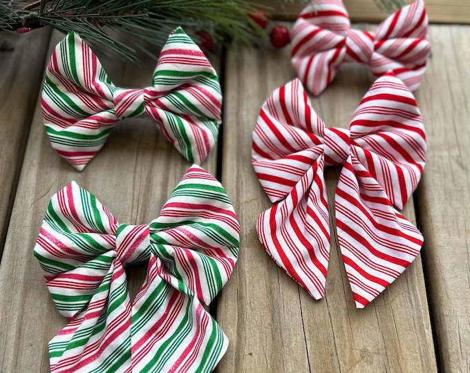 Featured listing image: Christmas Dog Bow, Sailor Bows, Candy Stripe Bows, Slide on Collar Bows and Sailor Bows, Dog Bows, Christmas Candy Bows