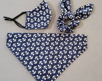 Anchors Dog Bandana with matching face mask and hair scrunchie/Pet Bandana/Over Collar or Tie On Bandana/Matching Sets/Summer Bandana sets