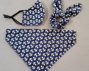 Anchors Dog Bandana with matching face mask and hair scrunchie/Pet Bandana/Over Collar or Tie On Bandana/Matching Sets/Summer Bandana sets