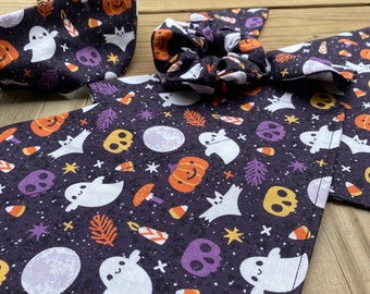 Halloween Dog Bandana/Ghosts, pumpkins, bats/Over the Collar or Tie ON Bandanas/ Cat Bandana/Halloween Bandana/matching Scrunchie & Headband