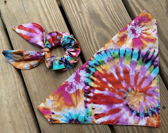 TIE DYE COLLECTION Dog Bandana (Over The Collar) Tie On Bandana/Matching Face Mask/Matching Hair Scrunchie/Cat Bandana/Pet Bandana/Match set