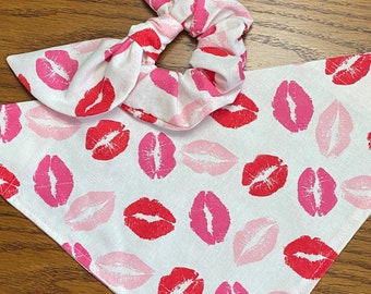 Valentine Dog Bandana/Kisses Dog Bandana/Pet Bandana with Matching Hair Scrunchie and Face Mask/Matching SET