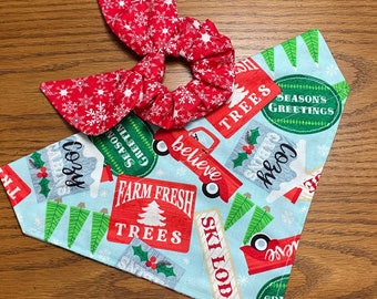 Christmas Dog Bandana/Fun Dog Bandana with Matching Snowflake Hair Scrunchie/Pet Bandana/Cat Bandana/Over the Collar or Tie On Bandana